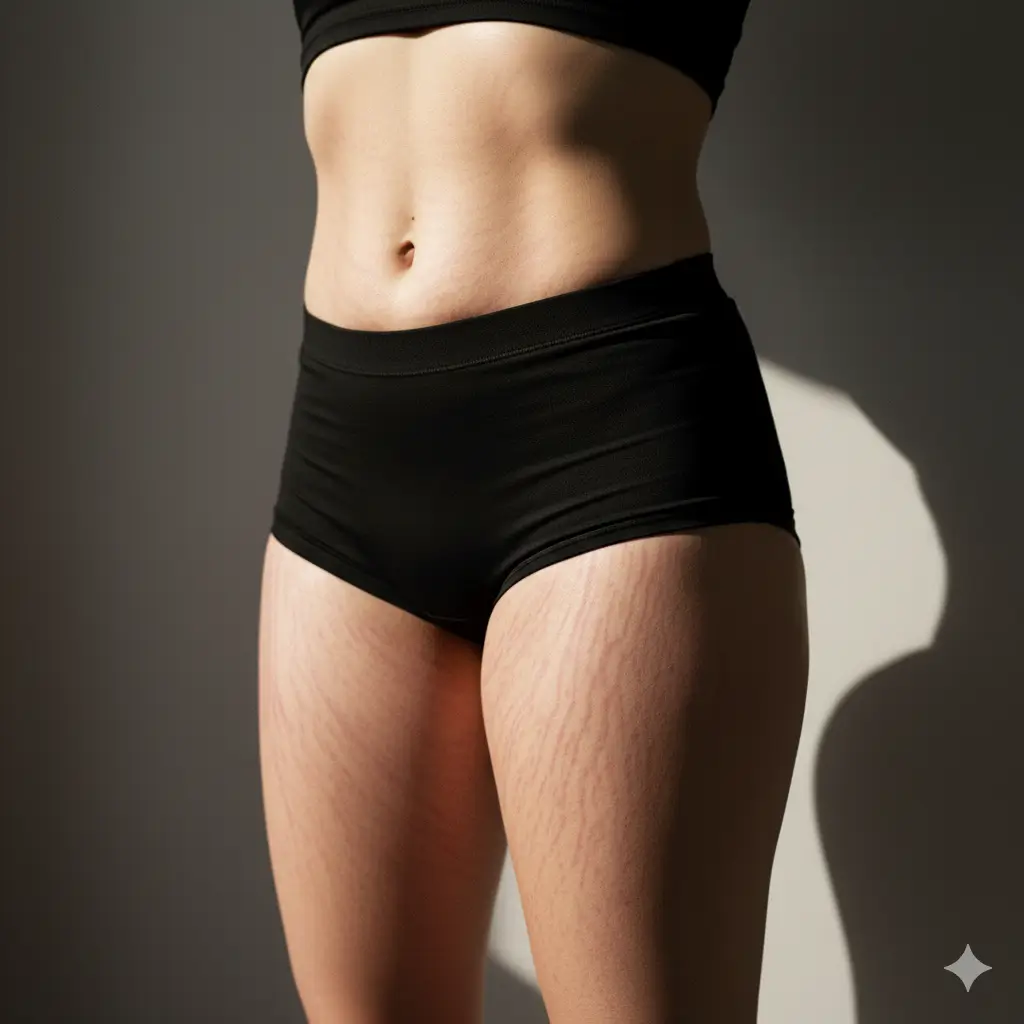 Estrias marcadas en las piernas de una mujer- clinica de dermatologia robotica