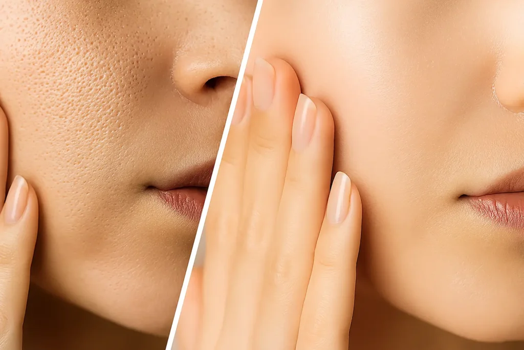 Antes y después de un tratamiento para disminuir los poros abiertos cara-clinica de dermatología robótica