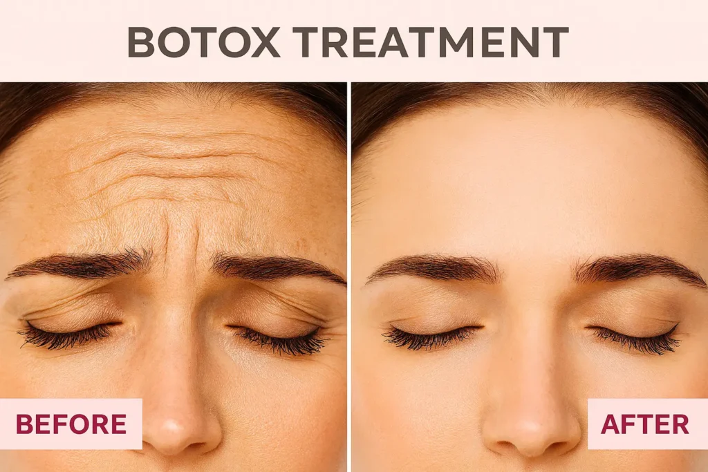 Primer plano del antes y después de un tratamiento de botox en la frente-clínica de dermatología robótica