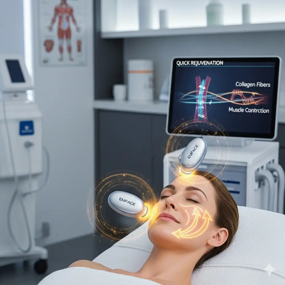 robot EMFACE mostrando cómo ayuda a rejuvenecer el rostro rápidamente- clinica de dermatologia robotica